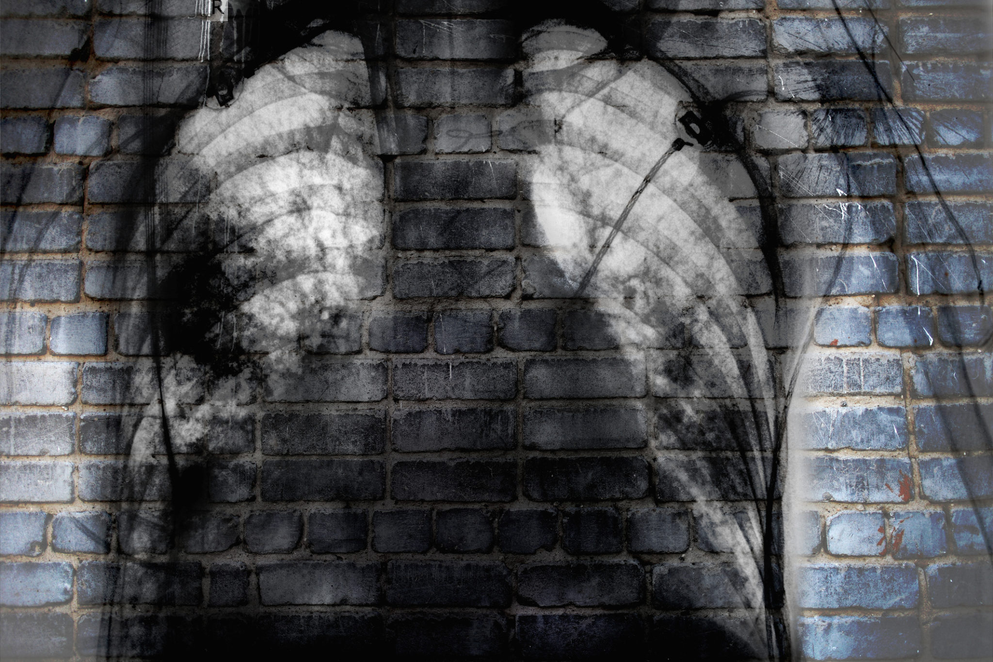 X-ray of chest on the brick wall, concept of social trouble 2121 x 1414