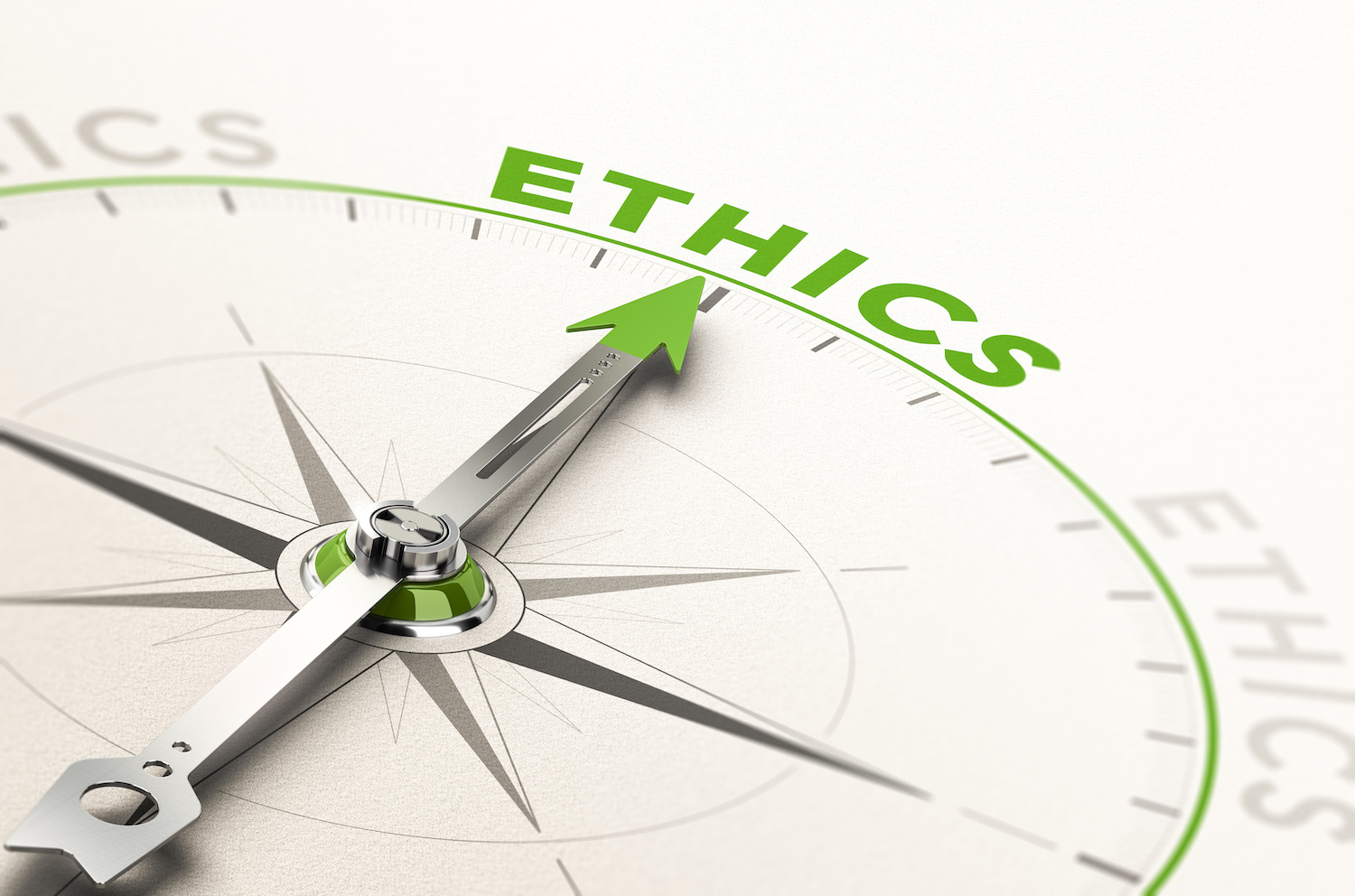 compass with needle pointing the word ethics. 1500 x 992