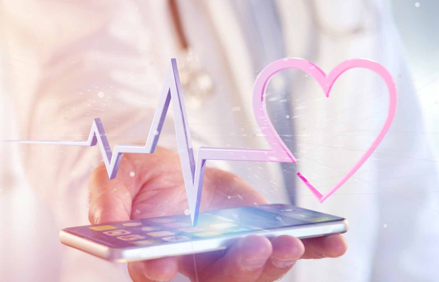 Doctor holding smartphone with EKG in foreground 1500 x 965