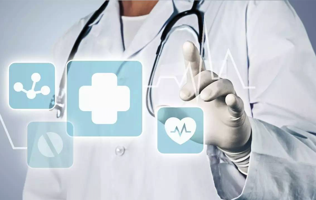 Doctor in white coat with digital health icons (1073 x 678)
