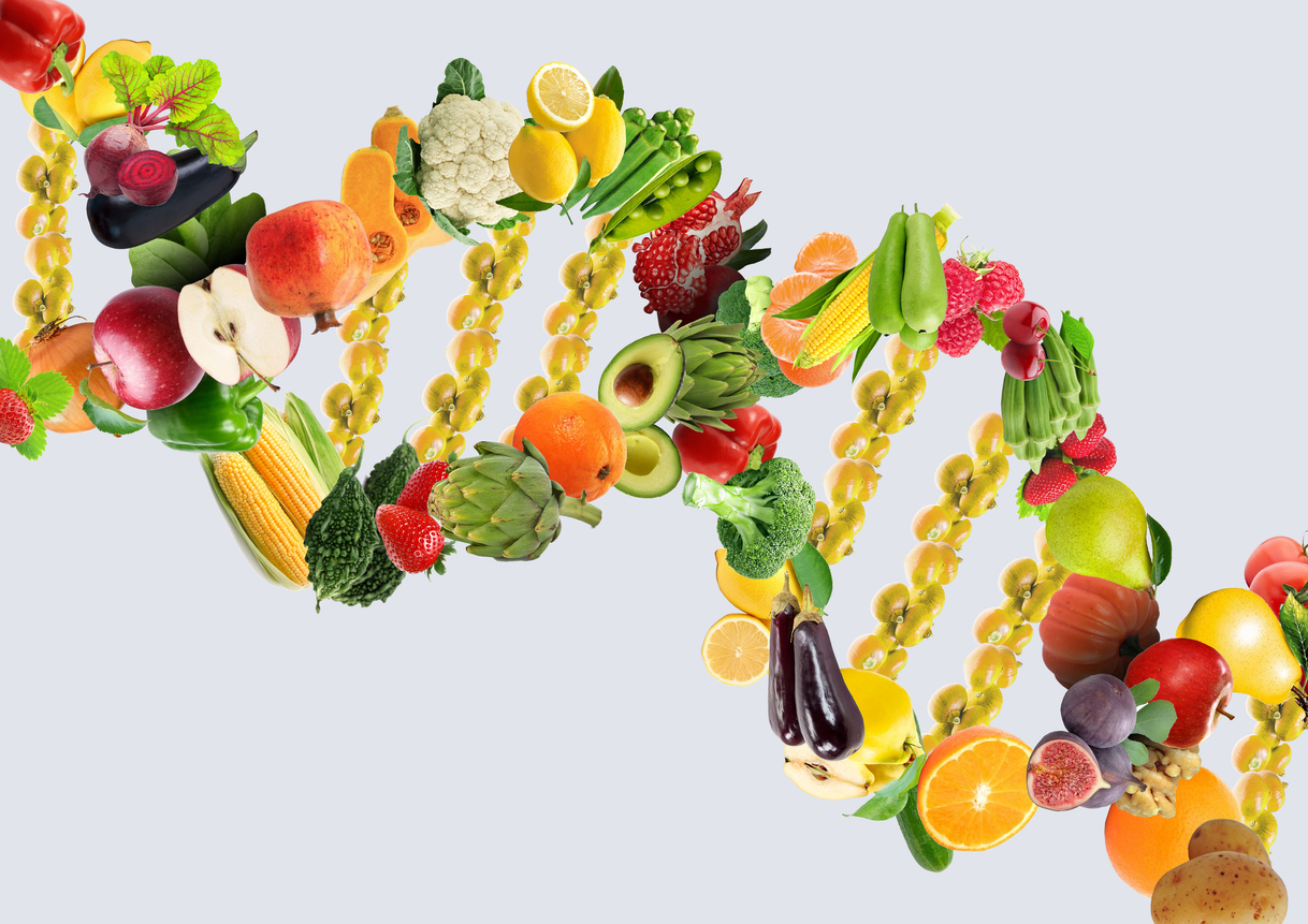 Nutrigenetics concept DNA strand made with healthy fresh vegetables and fruits 1218 x 861